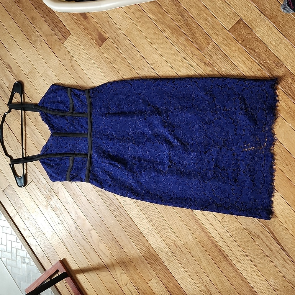 Blue and black lace midi cocktail dress